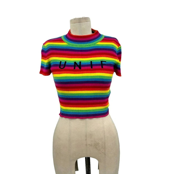 Unif UNIF Lenny Crop Top Short Sleeve Top Rainbow Stripe Turtleneck Size‎ Small - Picture 1 of 8